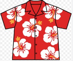 Clipart image of a red Hawaiian shirt with white hibiscus flowers.